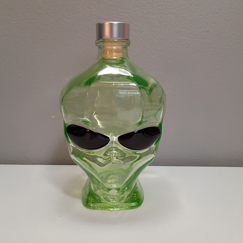 Empty Outer Space Alien Head Green Glass Bottle Empty 750 ml Cork 7.5"